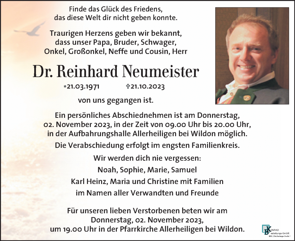  Traueranzeige für Reinhard Neumeister vom 31.10.2023 aus Kleine Zeitung