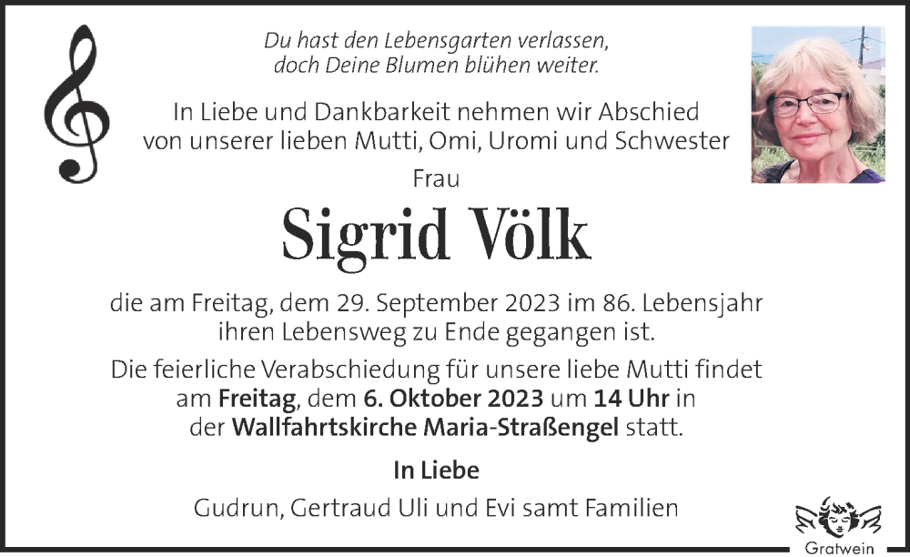  Traueranzeige für Sigrid Völk vom 04.10.2023 aus Kleine Zeitung