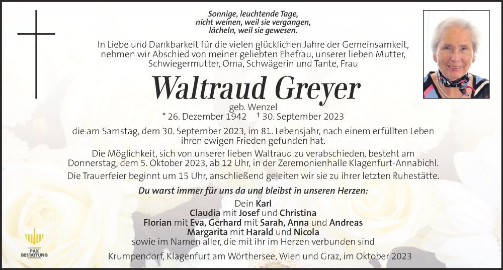  Traueranzeige für Waltraud Greyer vom 04.10.2023 aus Kleine Zeitung