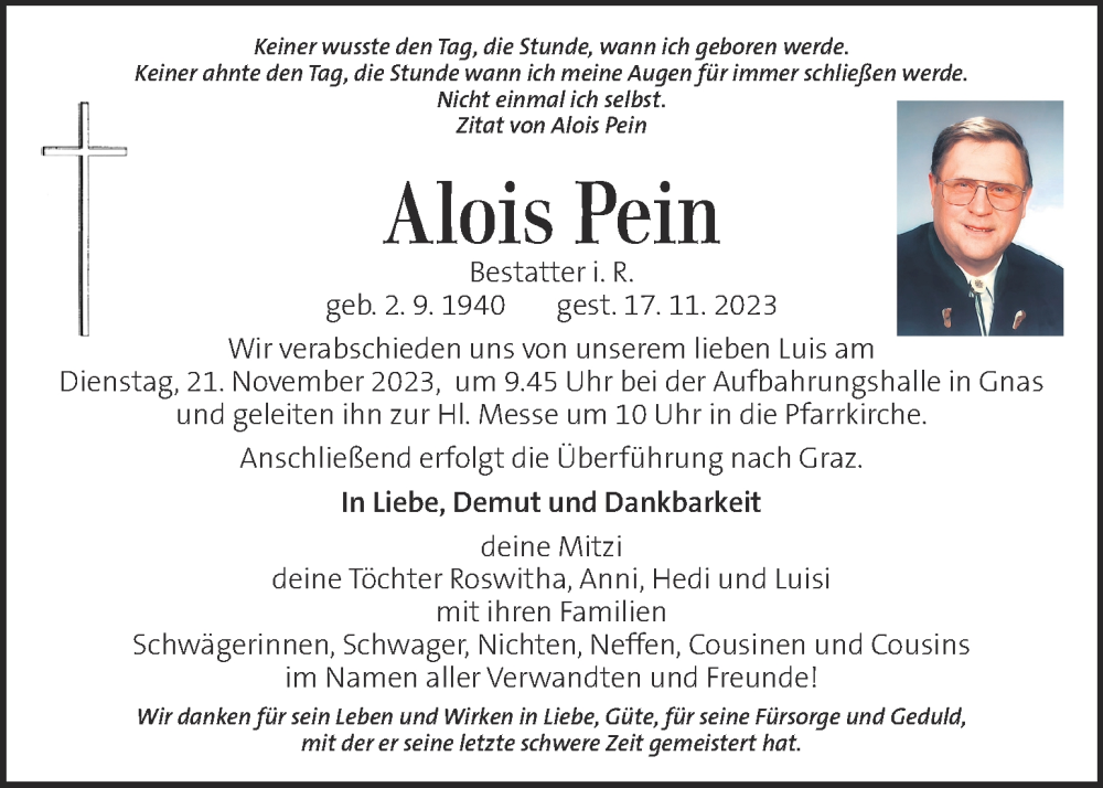  Traueranzeige für Alois Pein vom 21.11.2023 aus Kleine Zeitung
