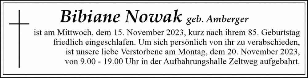  Traueranzeige für Bibiane Nowak vom 18.11.2023 aus Kleine Zeitung