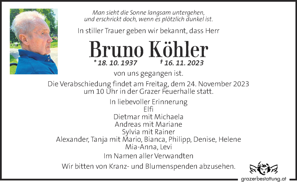 Traueranzeige für Bruno Köhler vom 19.11.2023 aus Kleine Zeitung