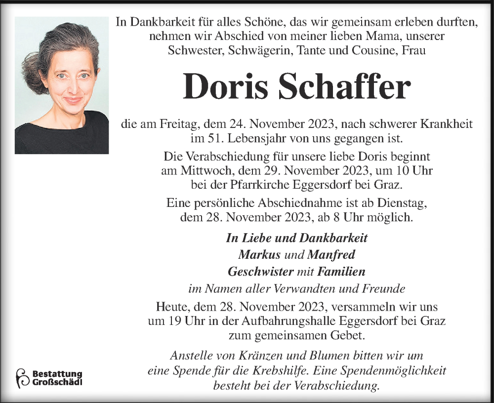  Traueranzeige für Doris Schaffer vom 28.11.2023 aus Kleine Zeitung