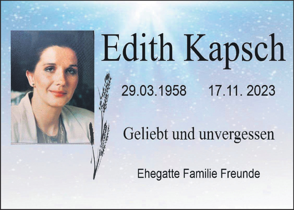  Traueranzeige für Edith Kapsch vom 23.11.2023 aus Kleine Zeitung