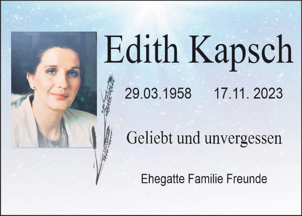  Traueranzeige für Edith Kapsch vom 23.11.2023 aus Kleine Zeitung