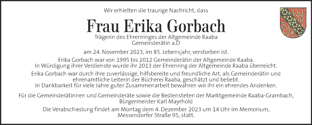  Traueranzeige für Erika Gorbach vom 01.12.2023 aus Kleine Zeitung
