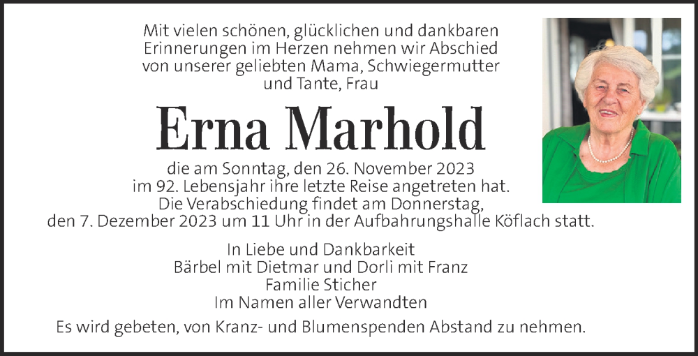  Traueranzeige für Erna Marhold vom 01.12.2023 aus Kleine Zeitung
