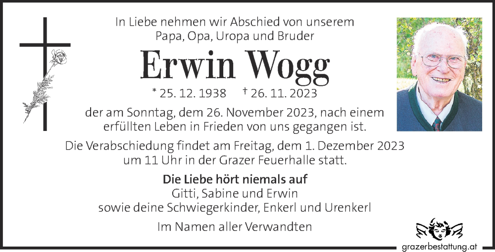  Traueranzeige für Erwin Wogg vom 29.11.2023 aus Kleine Zeitung