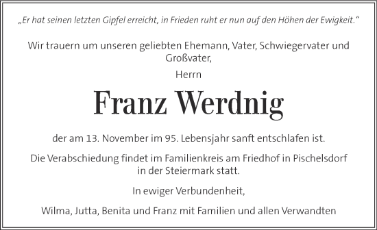 Traueranzeige von Franz Werdnig von Kleine Zeitung