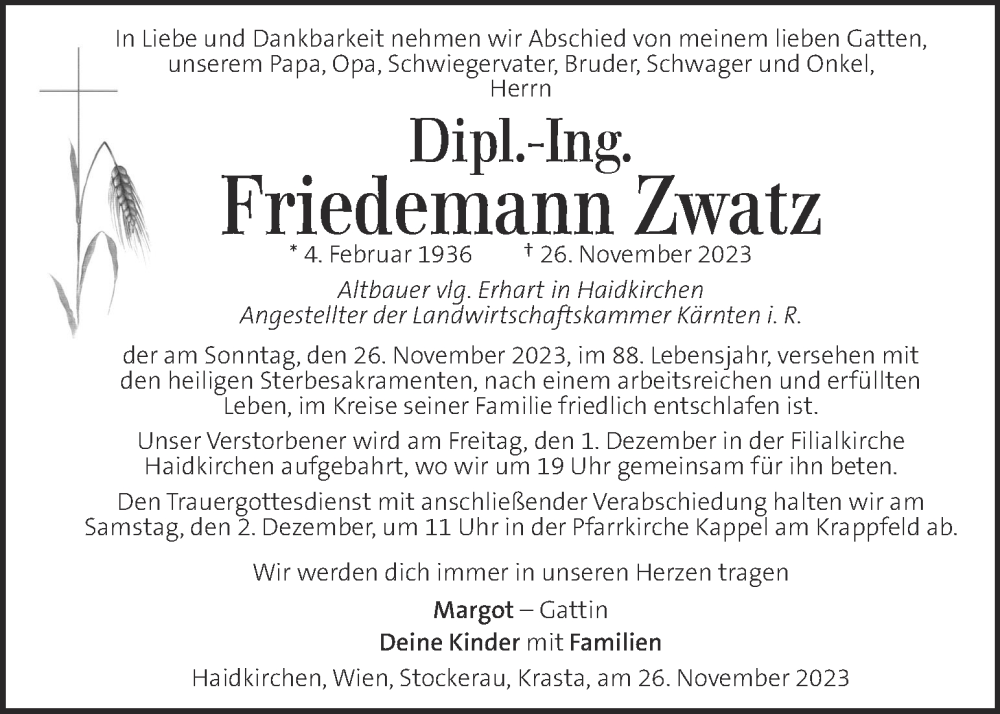 Traueranzeige für Friedemann Zwatz vom 29.11.2023 aus Kleine Zeitung