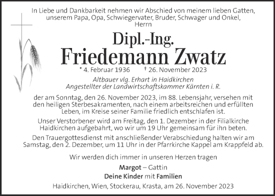 Traueranzeige von Friedemann Zwatz von Kleine Zeitung