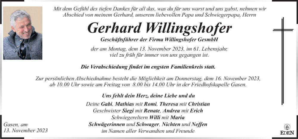  Traueranzeige für Gerhard Willingshofer vom 16.11.2023 aus Kleine Zeitung