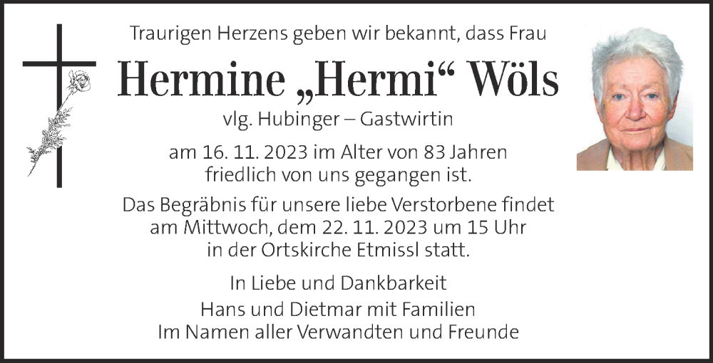  Traueranzeige für Hermine Wöls vom 21.11.2023 aus Kleine Zeitung
