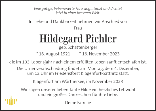 Traueranzeige von Hildegard Pichler von Kleine Zeitung