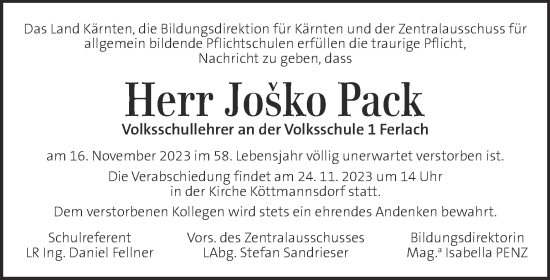 Traueranzeige von Josko Pack von Kleine Zeitung