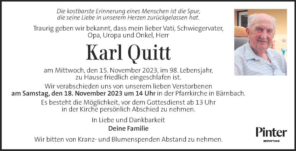  Traueranzeige für Karl Quitt vom 17.11.2023 aus Kleine Zeitung