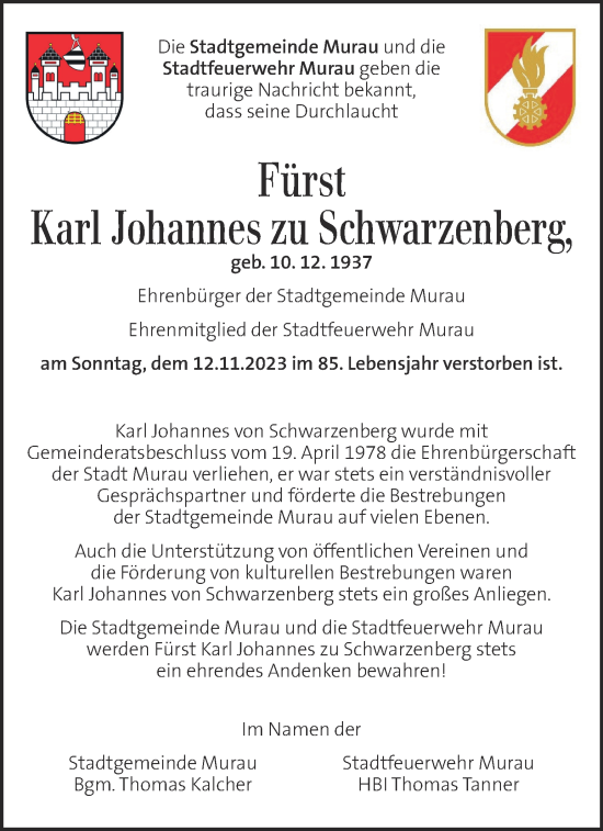 Traueranzeige von Karl Johannes zu Schwarzenberg von Kleine Zeitung