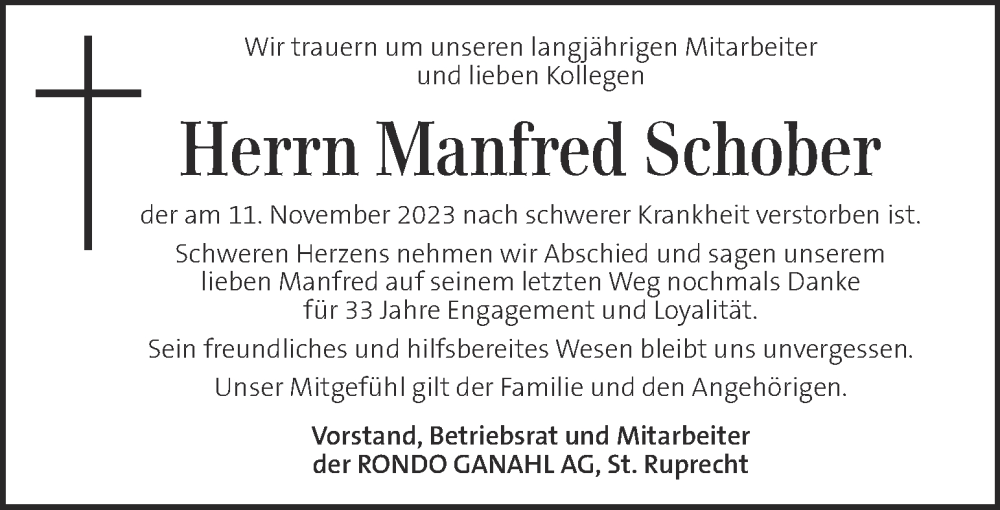 Traueranzeigen von Manfred Schober | trauer.kleinezeitung.at