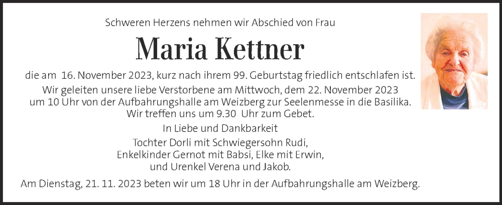  Traueranzeige für Maria Kettner vom 21.11.2023 aus Kleine Zeitung