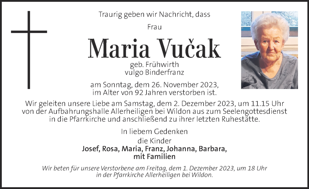 Traueranzeige für Maria Vucak vom 29.11.2023 aus Kleine Zeitung