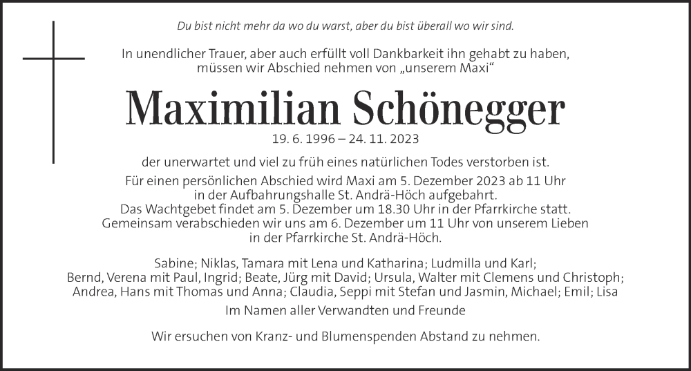  Traueranzeige für Maximilian Schönegger vom 01.12.2023 aus Kleine Zeitung
