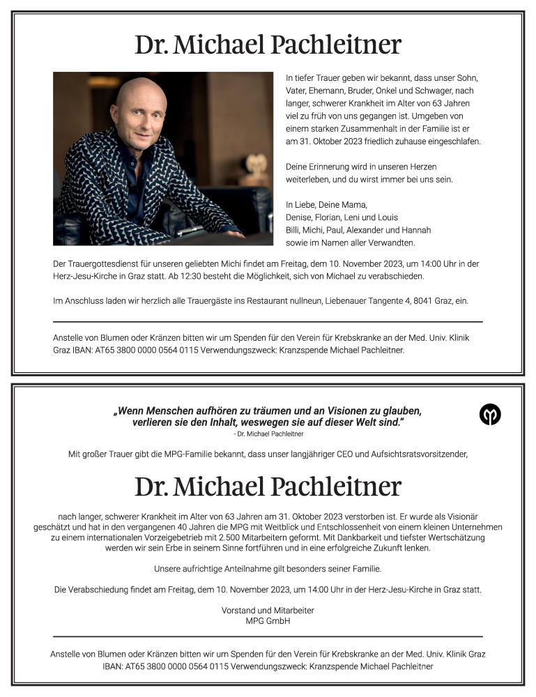  Traueranzeige für Michael Pachleitner  vom 05.11.2023 aus Kleine Zeitung