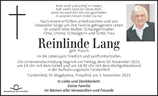 Traueranzeige von Reinlinde Lang  von Kleine Zeitung