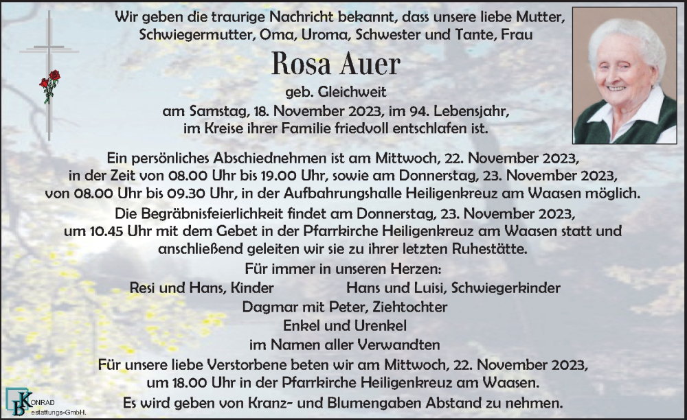 Traueranzeige für Rosa Auer vom 21.11.2023 aus Kleine Zeitung