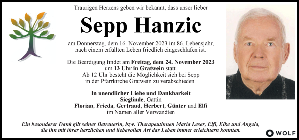  Traueranzeige für Sepp Hanzic vom 21.11.2023 aus Kleine Zeitung