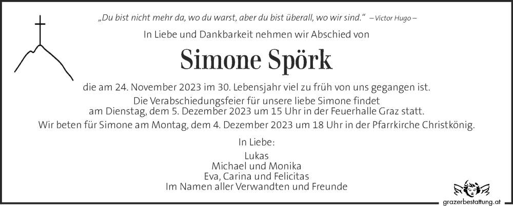  Traueranzeige für Simone Spörk vom 30.11.2023 aus Kleine Zeitung
