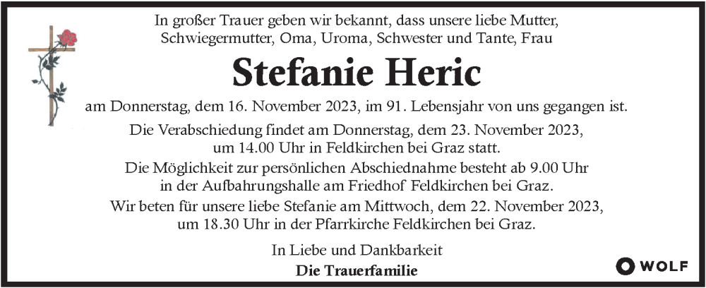  Traueranzeige für Stefanie Heric vom 21.11.2023 aus Kleine Zeitung
