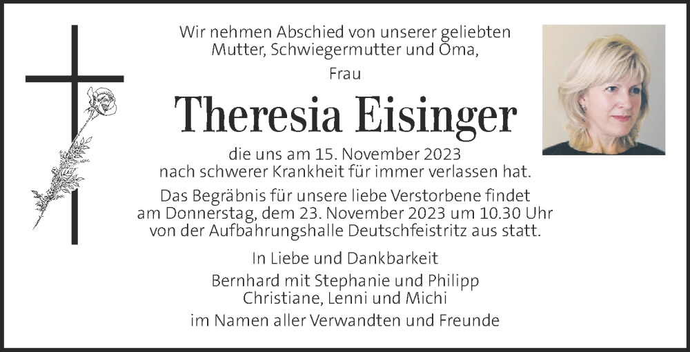  Traueranzeige für Theresia Eisinger vom 19.11.2023 aus Kleine Zeitung