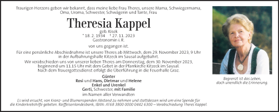 Traueranzeige von Theresia Kappel von Kleine Zeitung