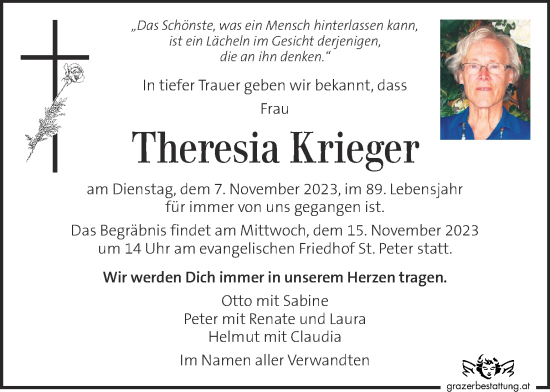 Traueranzeigen von Theresia Krieger | trauer.kleinezeitung.at