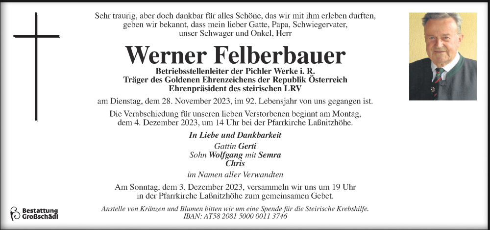  Traueranzeige für Werner Felberbauer vom 01.12.2023 aus Kleine Zeitung