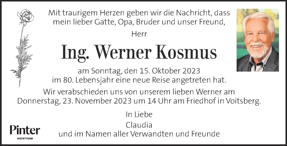  Traueranzeige für Werner Kosmus  vom 19.11.2023 aus Kleine Zeitung