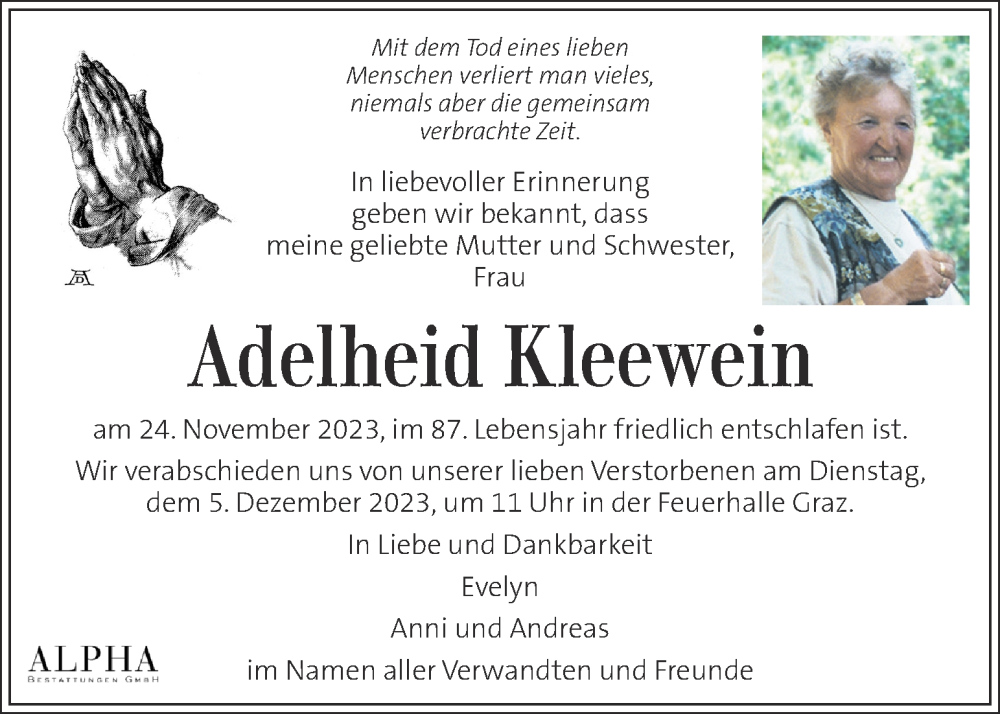  Traueranzeige für Adelheid Kleewein vom 02.12.2023 aus Kleine Zeitung