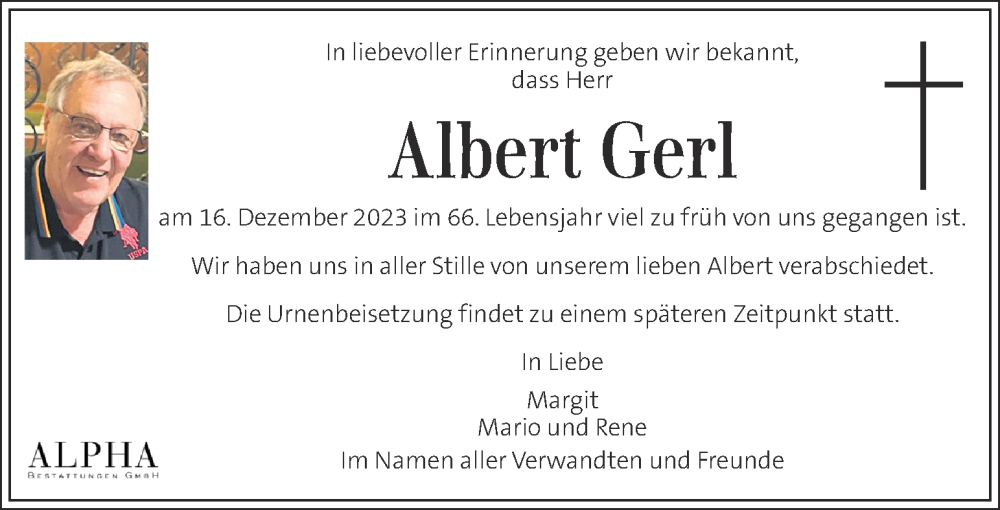  Traueranzeige für Albert Gerl vom 20.12.2023 aus Kleine Zeitung