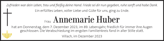 Traueranzeige von Annemarie Huber von Kleine Zeitung