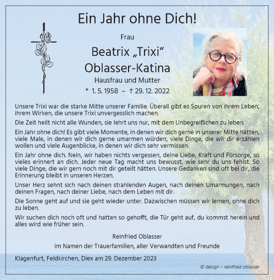 Traueranzeige von Beatrix Oblasser-Katina von Kleine Zeitung