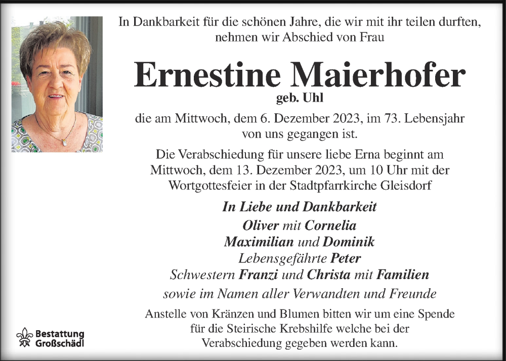  Traueranzeige für Ernestine Maierhofer vom 10.12.2023 aus Kleine Zeitung