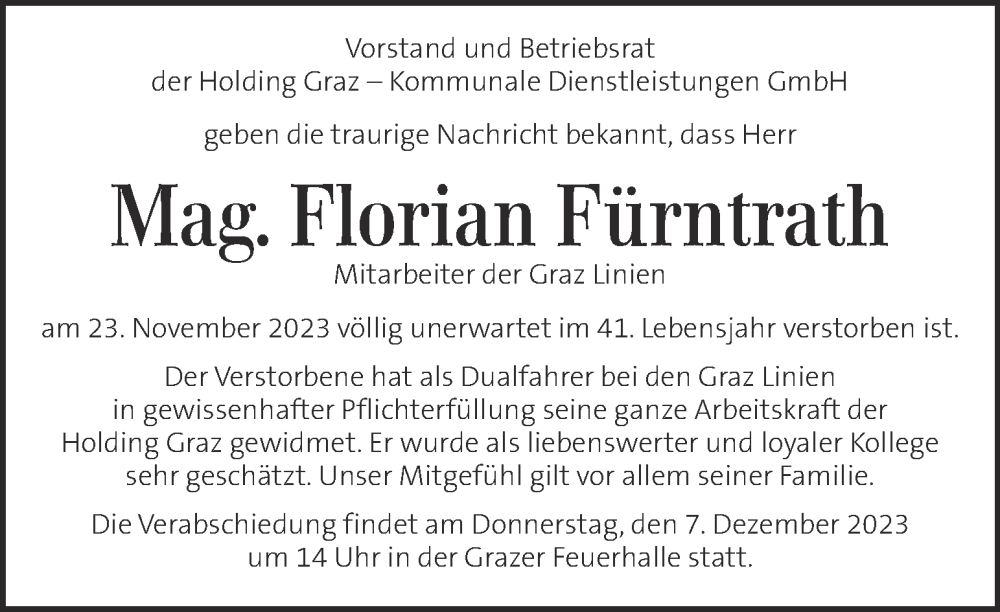  Traueranzeige für Florian Fürntrath vom 03.12.2023 aus Kleine Zeitung