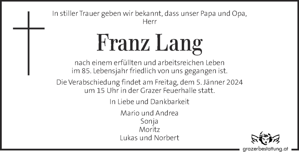  Traueranzeige für Franz Lang vom 30.12.2023 aus Kleine Zeitung