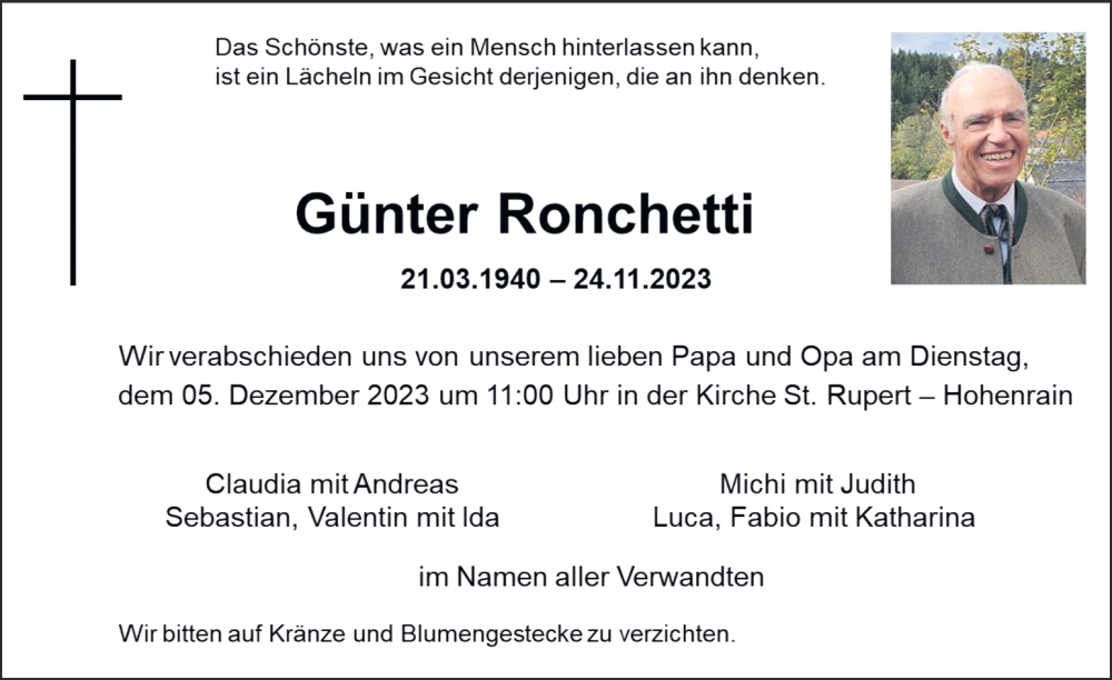  Traueranzeige für Günter Ronchetti vom 02.12.2023 aus Kleine Zeitung