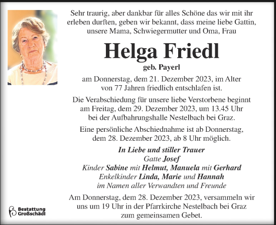 Traueranzeige von Helga Friedl von Kleine Zeitung