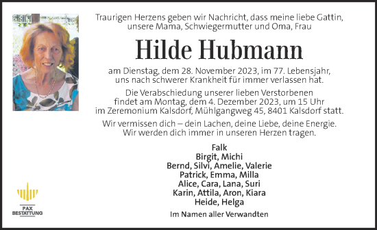 Traueranzeige von Hilde Hubmann von Kleine Zeitung