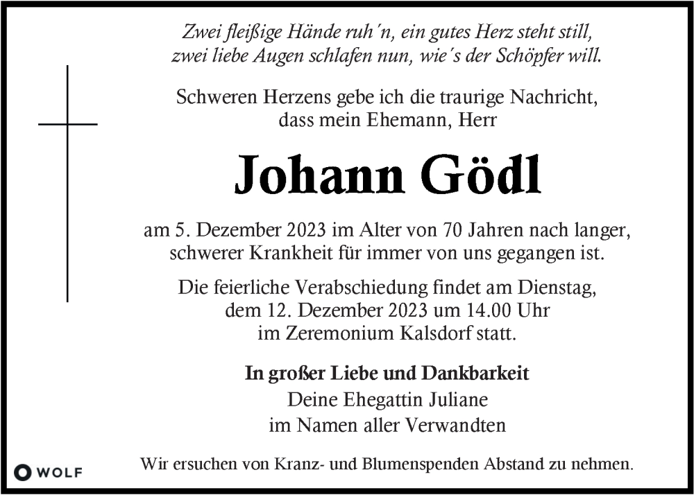  Traueranzeige für Johann Gödl vom 08.12.2023 aus Kleine Zeitung