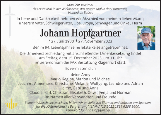 Traueranzeige von Johann Hopfgartner von Kleine Zeitung