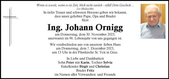 Traueranzeige von Johann Ornigg von Kleine Zeitung