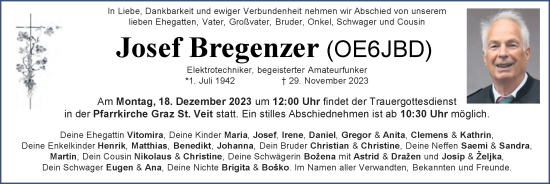 Traueranzeige von Josef Bregenzer von Kleine Zeitung